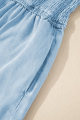 Beau Blue Spaghetti Strap Smocked Denim Romper Jumpsuits & Rompers JT's Designer Fashion