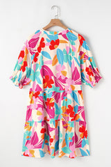 Rose Red Floral Bubble Sleeve V Neck Tiered Ruffle Babydoll Dress Floral Dresses JT's Designer Fashion
