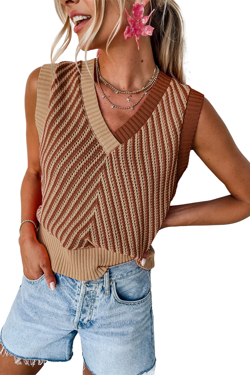 Light French Beige Contrast Chevron Knit V Neck Sweater Vest Sweaters & Cardigans JT's Designer Fashion