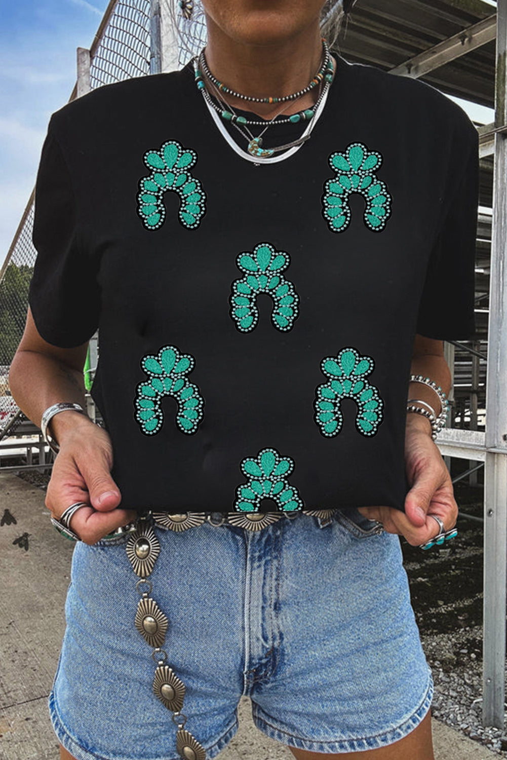 Black Western Turquoise Pattern Sequin Patched T Shirt Graphic Tees JT's Designer Fashion
