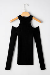 Black Ribbed Knit Cold Shoulder Choker Neck Sweater Sweaters JT's Designer Fashion
