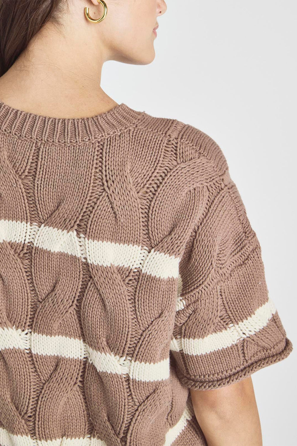 Dark Khaki Striped Cable Short Sleeve Sweater Sweaters & Cardigans JT's Designer Fashion