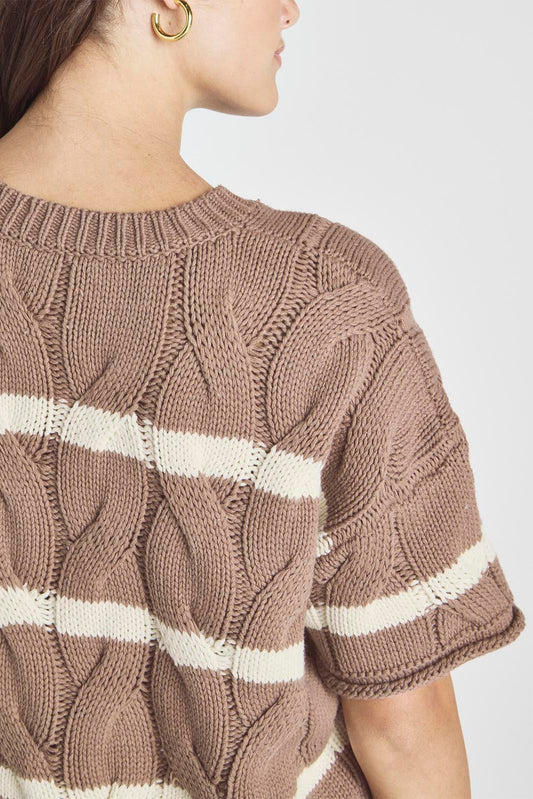 Dark Khaki Striped Cable Short Sleeve Sweater Sweaters & Cardigans JT's Designer Fashion
