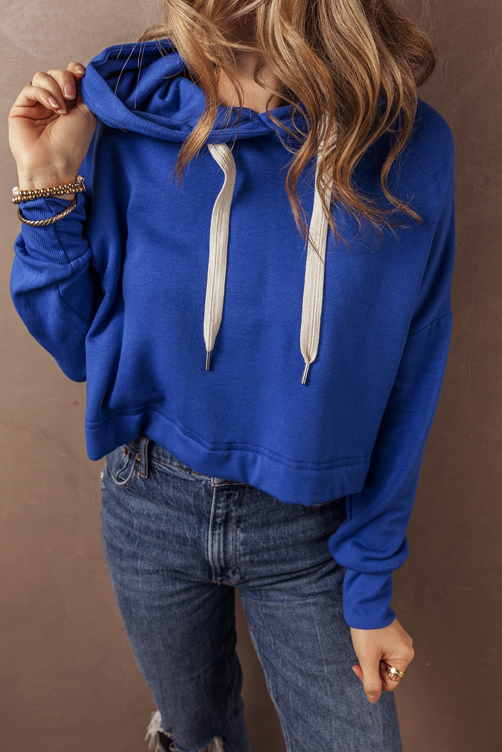 Dark Blue Solid Drop Shoulder Drawstring Cropped Hoodie Sweatshirts & Hoodies JT's Designer Fashion