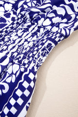 Dirty blue Shirred Waist V Neck Sleeveless Floral Print Long Dress Dresses JT's Designer Fashion