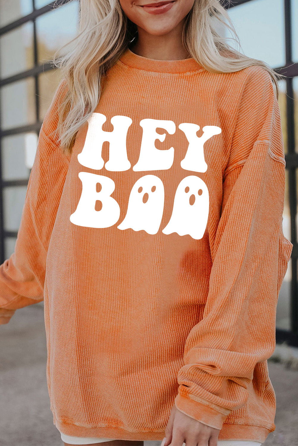 Orange Halloween Hey Boo Ghost Print Loose Sweatshirt Orange-3 100%Polyester Graphic Sweatshirts JT's Designer Fashion