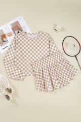 Khaki Checkered Long Sleeve Crop Top High Waist Skort 2pcs Set Short Sets JT's Designer Fashion
