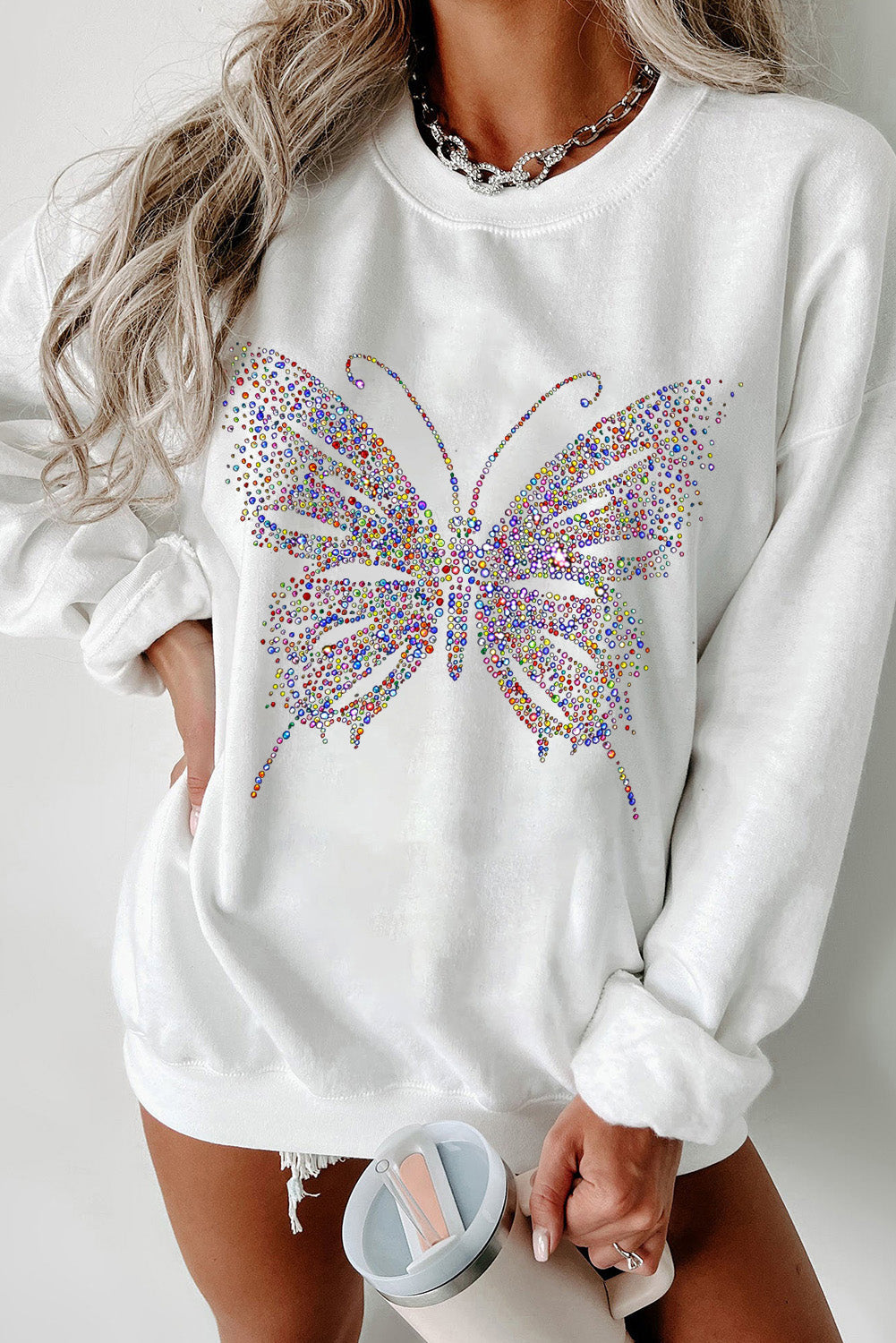 White Rhinestone Butterfly Graphic Crewneck Oversized Sweatshirt White 50%Polyester+50%Cotton Graphic Sweatshirts JT's Designer Fashion