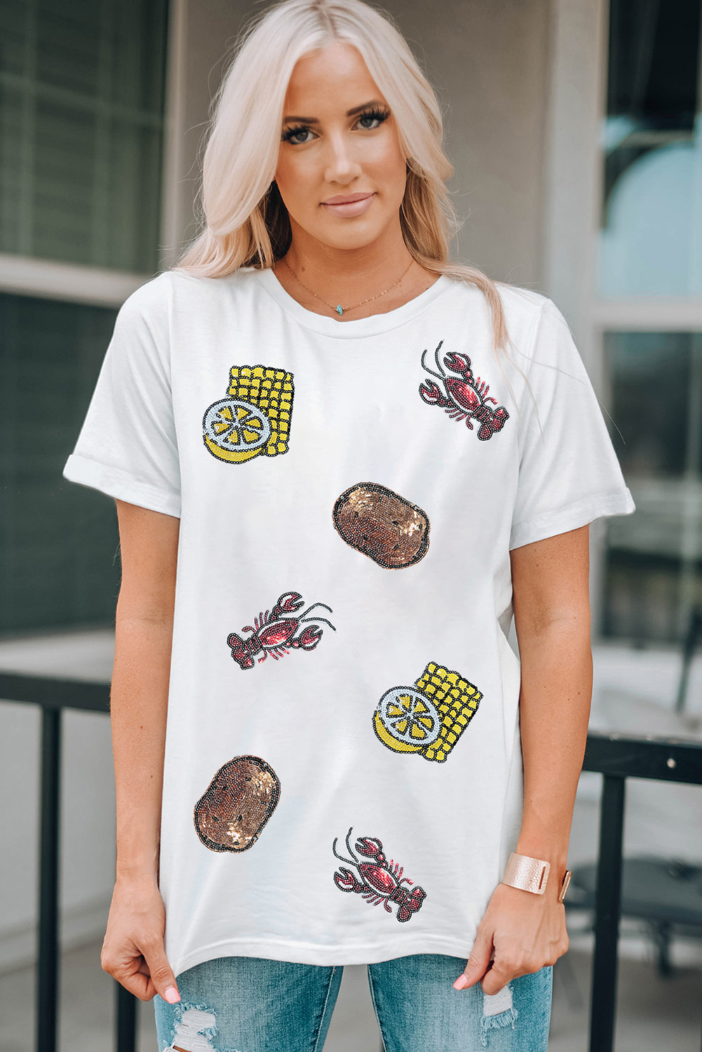White Sequin Crawfish Potato Lemon Corn Graphic Crewneck T Shirt Graphic Tees JT's Designer Fashion