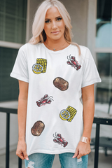 White Sequin Crawfish Potato Lemon Corn Graphic Crewneck T Shirt Graphic Tees JT's Designer Fashion