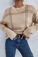Khaki Plaid Pattern Knitted Drop Shoulder Sweater Sweaters JT's Designer Fashion