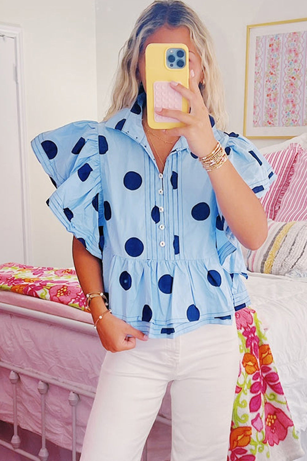 Sky Blue Polka Dot Print Ruffled Short Sleeve Buttoned Collared Blouse Blouses & Shirts JT's Designer Fashion
