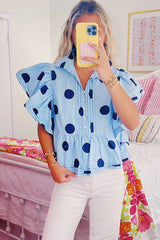 Sky Blue Polka Dot Print Ruffled Short Sleeve Buttoned Collared Blouse Blouses & Shirts JT's Designer Fashion