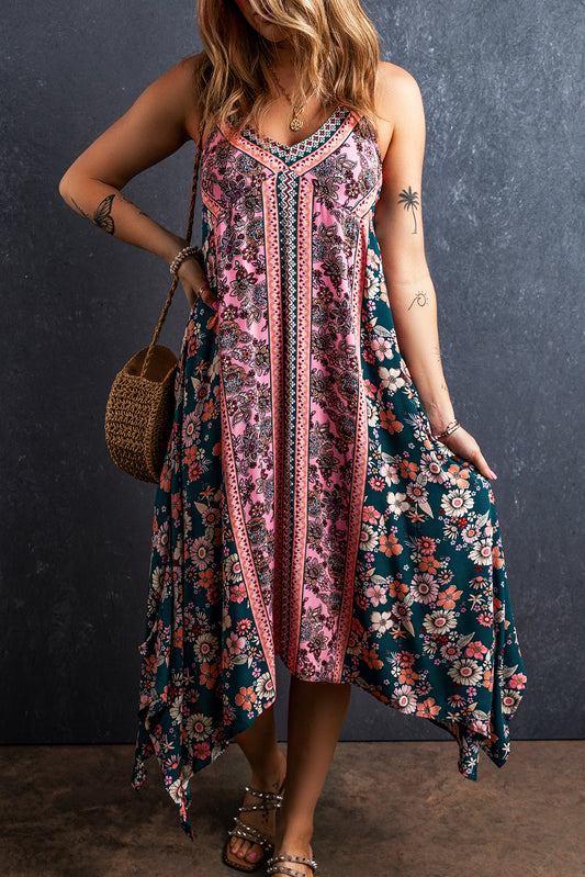 Pink Bohemian Floral Patchwork Print Long Sundress Pink 100%Viscose Floral Dresses JT's Designer Fashion