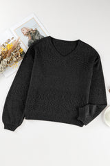 Black Eyelet Pattern Detail V Neck Drop Shoulder Sweater Sweaters JT's Designer Fashion