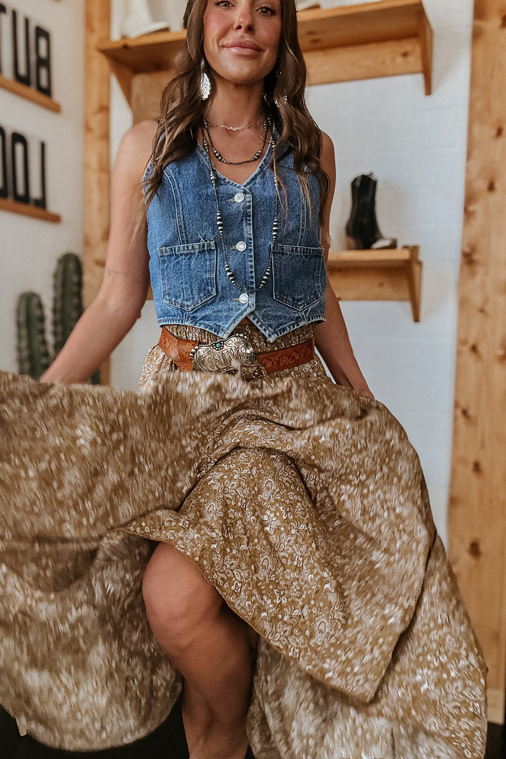 Brown Western Floral Print Ruffled Hem High Waist Loose Maxi Skirt Bottoms JT's Designer Fashion
