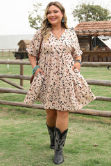 Beige Printed Surplice V Neck Cuffed Sleeve Empire Waist Plus Size Dress Plus Size Mini Dresses JT's Designer Fashion
