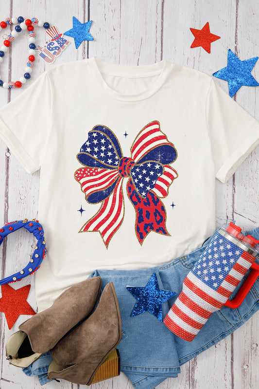 White Stars and Stripes Bow Print 4th of July T Shirt Graphic Tees JT's Designer Fashion