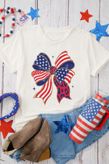 White Stars and Stripes Bow Print 4th of July T Shirt Graphic Tees JT's Designer Fashion