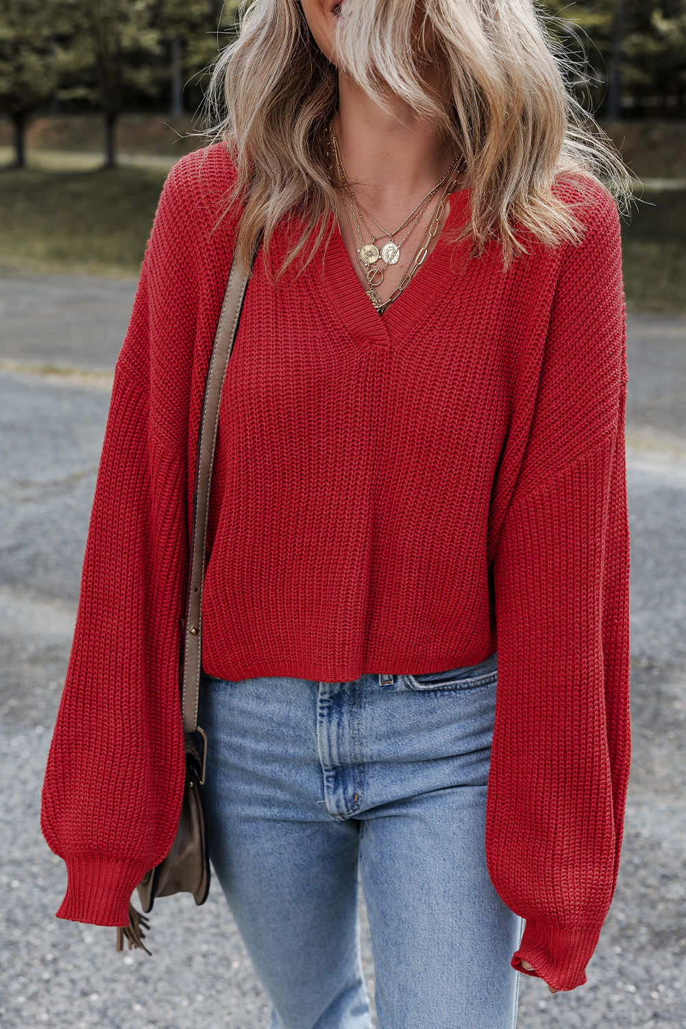 Racing Red Solid Textured Knit V Neck Drop Shoulder Sweater Sweaters JT's Designer Fashion