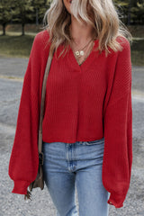 Racing Red Solid Textured Knit V Neck Drop Shoulder Sweater Sweaters JT's Designer Fashion