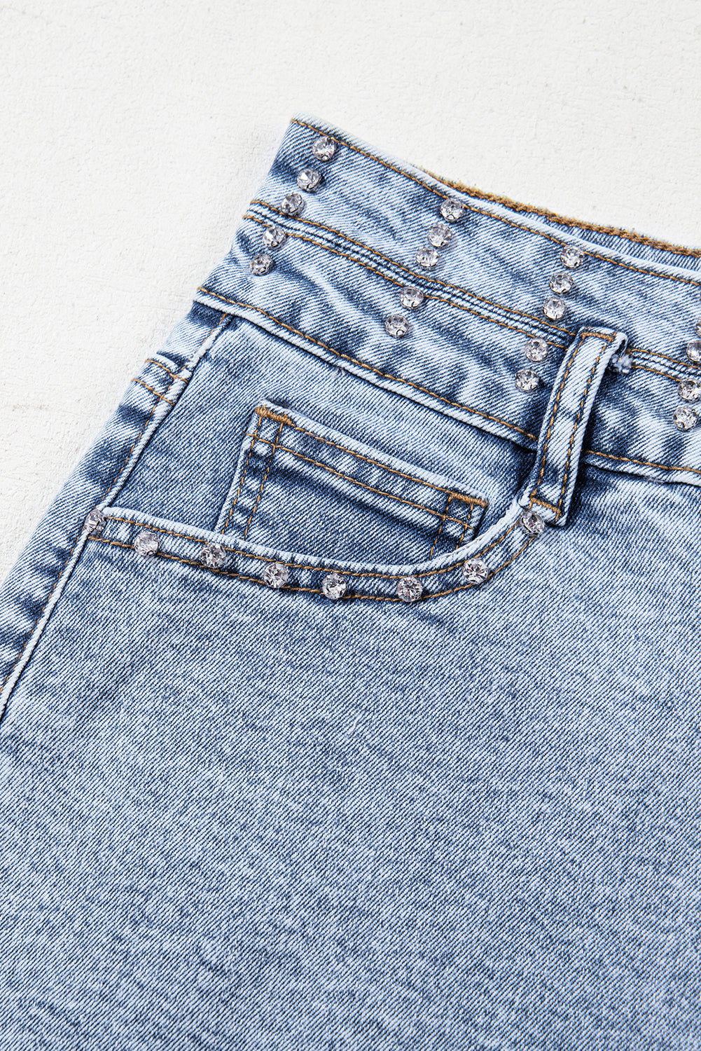 Beau Blue Rhinestone Light Wash Raw Hem High Waist Denim Shorts Denim Shorts JT's Designer Fashion