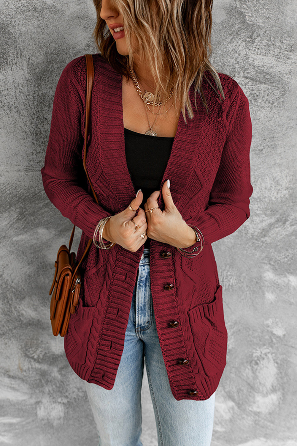 Burgundy Front Pocket and Buttons Closure Cardigan Sweaters & Cardigans JT's Designer Fashion