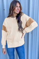 Apricot Corduroy Patchwork Drop Shoulder Long Sleeve Sweatshirt Sweatshirts & Hoodies JT's Designer Fashion