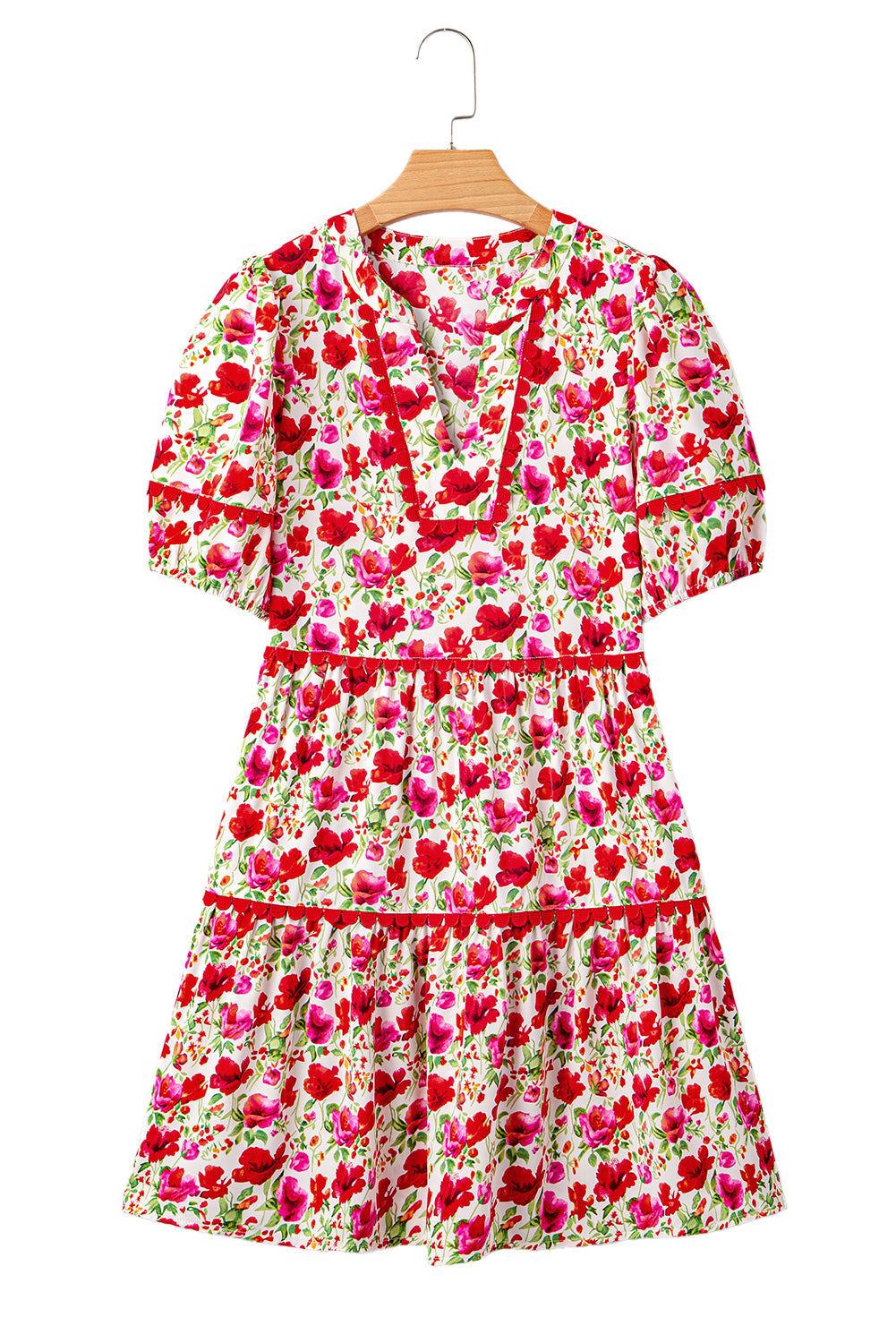 Red Floral Puff Sleeve Tiered Ric Rac Pocketed Mini Dress Floral Dresses JT's Designer Fashion