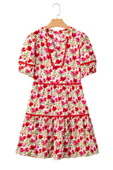 Red Floral Puff Sleeve Tiered Ric Rac Pocketed Mini Dress Floral Dresses JT's Designer Fashion