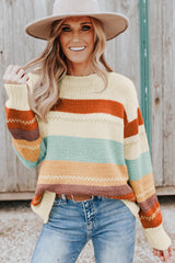 Crew Neck Drop-shoulder Striped Color Block Sweater Sweaters & Cardigans JT's Designer Fashion