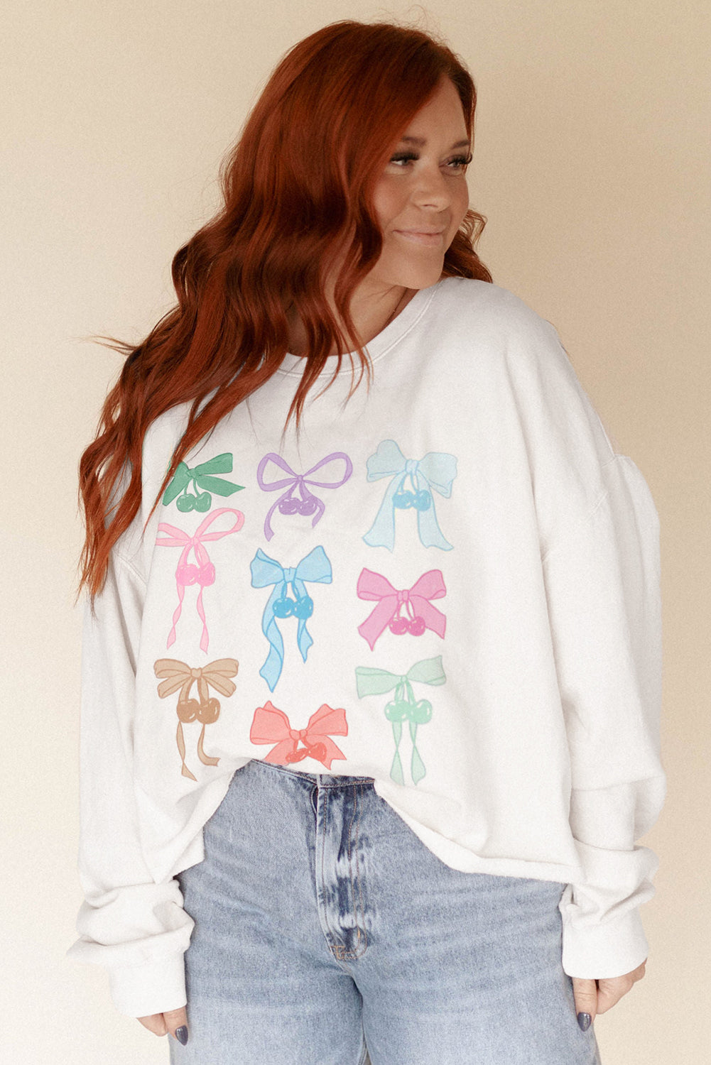 White Bowknot Pattern Drop Shoulder Loose Sweatshirt Sweatshirts & Hoodies JT's Designer Fashion