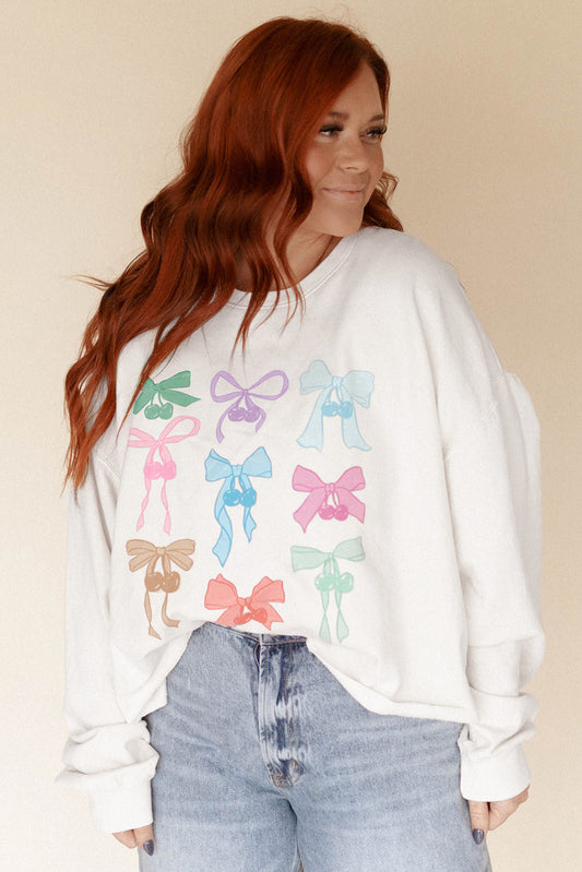 White Bowknot Pattern Drop Shoulder Loose Sweatshirt Sweatshirts & Hoodies JT's Designer Fashion