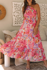 Pink Abstract Floral Print Shirred One Shoulder Maxi Dress Floral Dresses JT's Designer Fashion