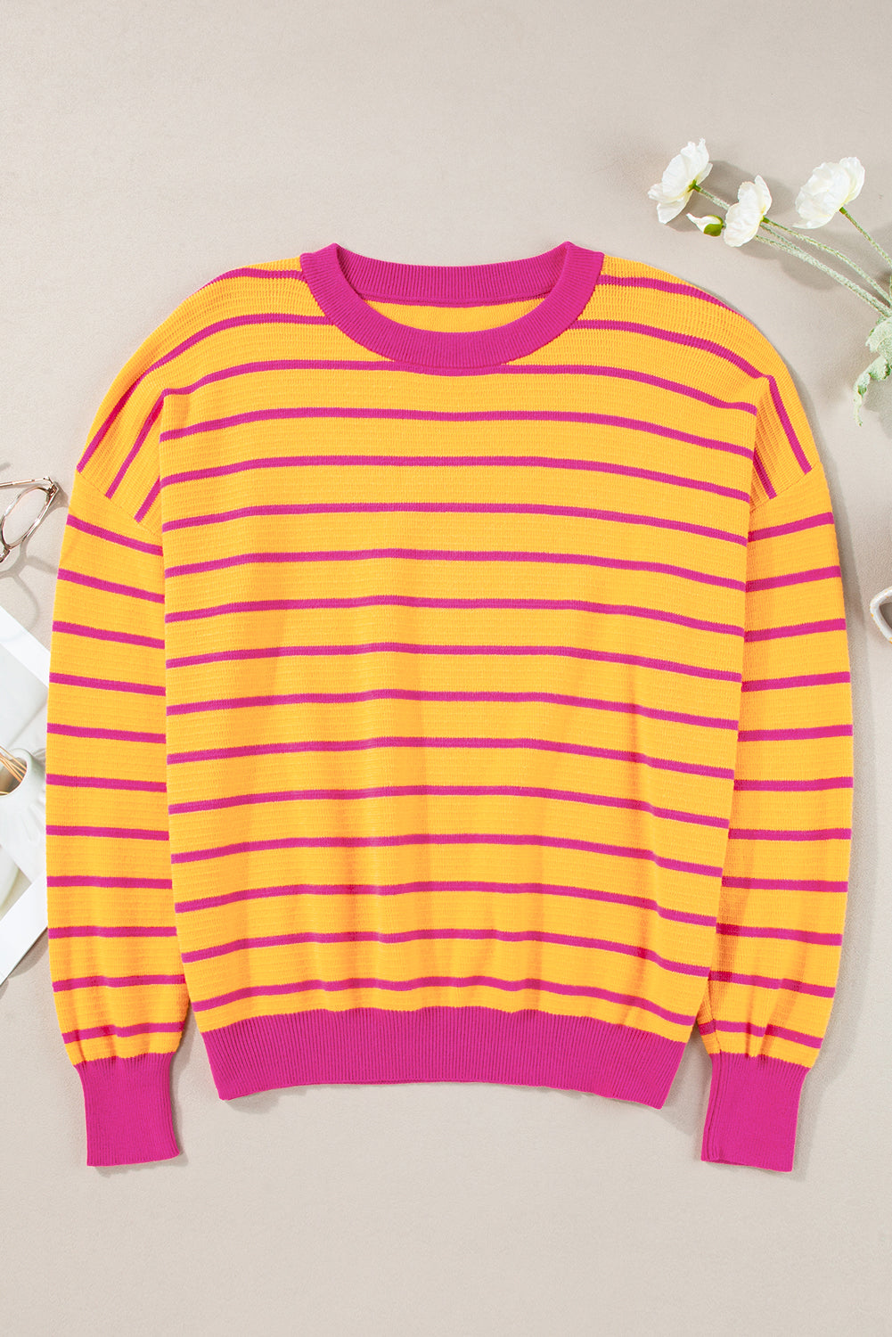 Orange Stripe Trimmed Round Neck Drop Shoulder Loose Sweater Sweaters JT's Designer Fashion