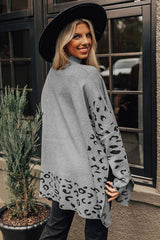 Gray Leopard High Neck Side Slit Oversized Sweater Sweaters JT's Designer Fashion