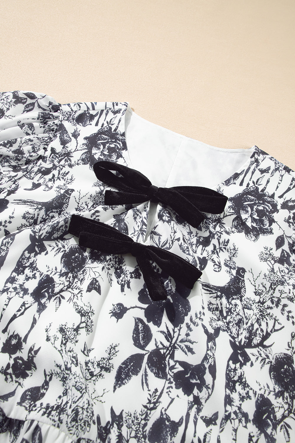 Black Floral Print Bow Detail Puff Sleeve Plus Size Midi Dress Plus Size Midi Dresses JT's Designer Fashion
