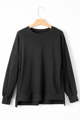Black Solid O Neck High Low Hem Pullover Sweatshirt Sweatshirts & Hoodies JT's Designer Fashion