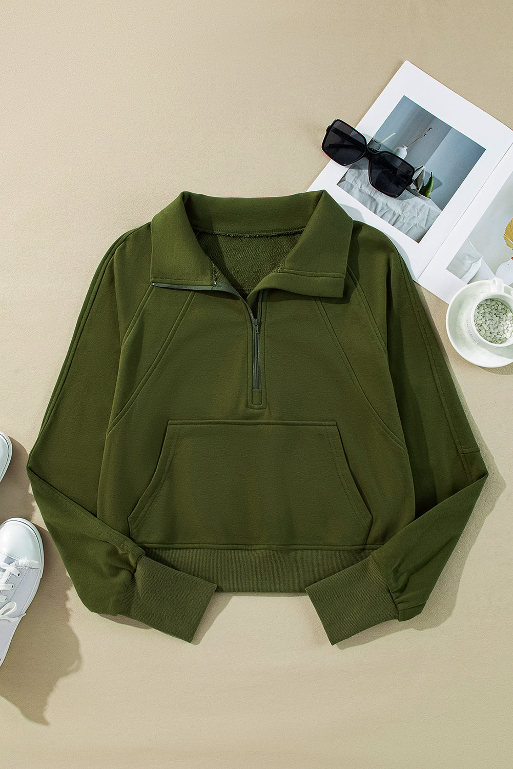 Moss Green Quarter Zip Stand Neck Kangaroo Pocket Sweatshirt Sweatshirts & Hoodies JT's Designer Fashion