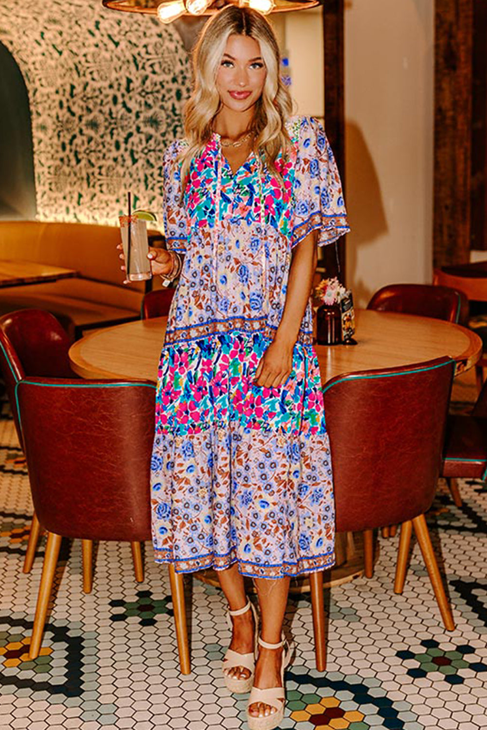 Sky Blue Mixed Floral Print Tie Split Neck Short Sleeve Dress Floral Dresses JT's Designer Fashion