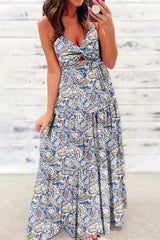 Blue Paisley Print Twist Detail Smocked Back Spaghetti Straps Long Dress Blue 100%Polyester Maxi Dresses JT's Designer Fashion
