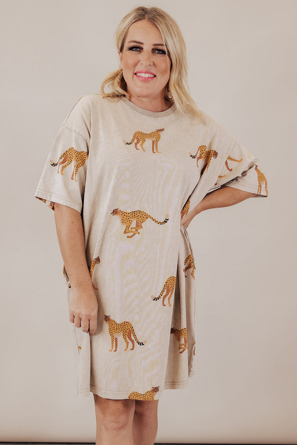 Apricot Plus Size Cheetah Print Side Pockets T Shirt Mini Dress Plus Size Mini Dresses JT's Designer Fashion