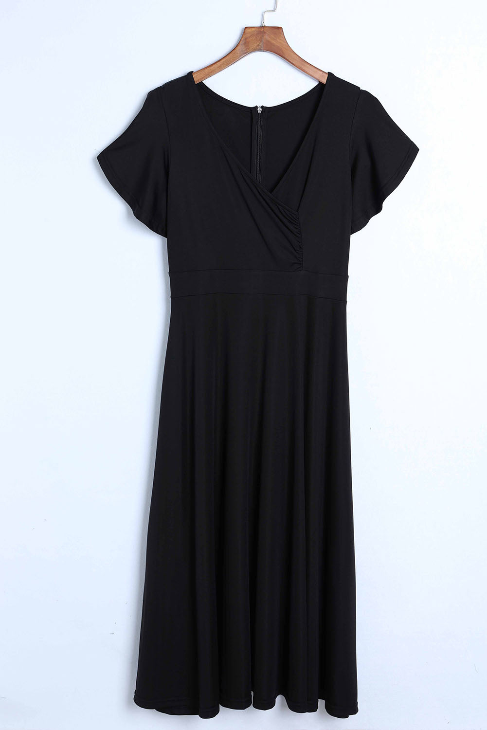 Black Ruffled Sleeve Wrap V Neck Midi Dress Midi Dresses JT's Designer Fashion