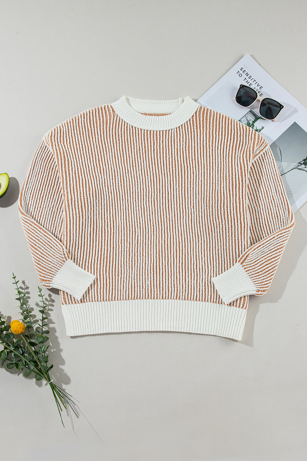 Chestnut Striped Textured Knit Contrast Edge Loose Sweater Sweaters JT's Designer Fashion