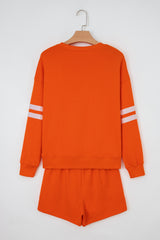 Orange Varsity Striped Sleeve Drop Shoulder Sweatshirt and Short Set Short Sets JT's Designer Fashion