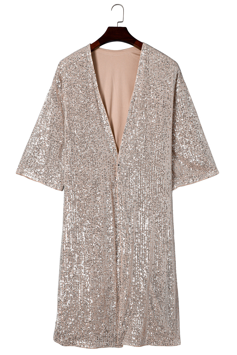 Apricot Sequin 3/4 Sleeve Open Front Duster Kimono Kimonos JT's Designer Fashion