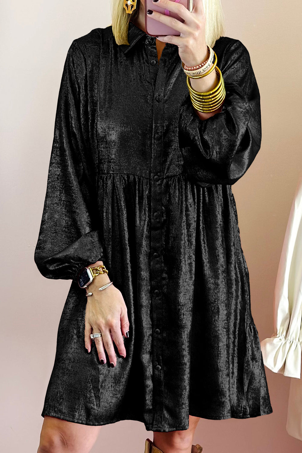 Black Metallic Sheen Puff Sleeve Button Up Mini Shirt Dress Mini Dresses JT's Designer Fashion
