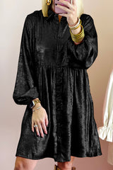 Black Metallic Sheen Puff Sleeve Button Up Mini Shirt Dress Mini Dresses JT's Designer Fashion