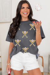 Gray Sequined Game Day Casual Tee Graphic Tees JT's Designer Fashion