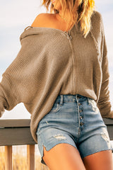 Khaki Zipper V-neck Dropped Sleeve Hooded Solid Sweater Sweaters & Cardigans JT's Designer Fashion
